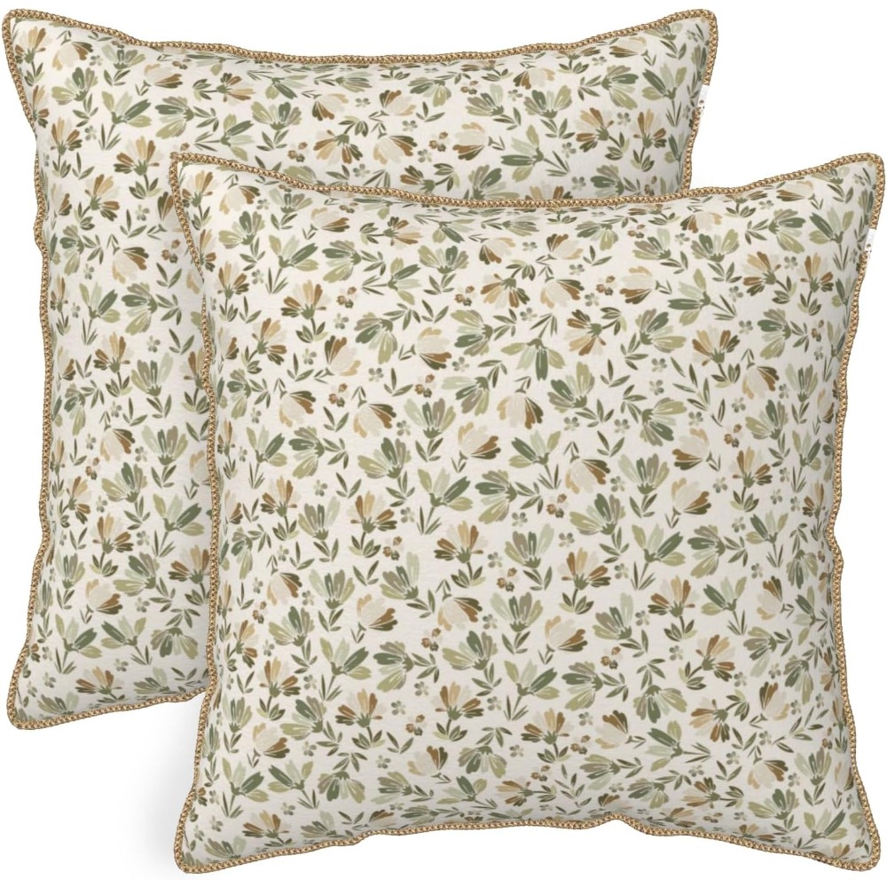 Pillow Insert 18X18 - Adaçayı Yeşili-Bej-Çiçek Desenli-Yumuşak-Kadife-Yastık Kılıfı-2'li Set-Rustik-Vintage-Kahverengi-Çiçek Desenli-Dekoratif-Yastık